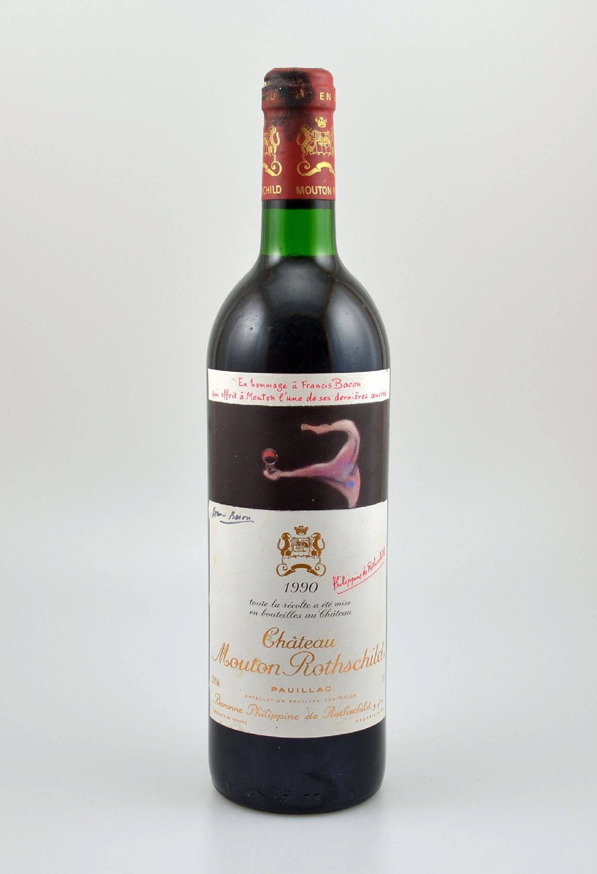 1 Flasche 1990 Chateau Mouton Rothschild, Pauillac, Premier Grand Cru Classe, ca. 75 cl, 12,5 % Vol., Füllstand: ca. into neck, Kapsel beschmutzt, ...