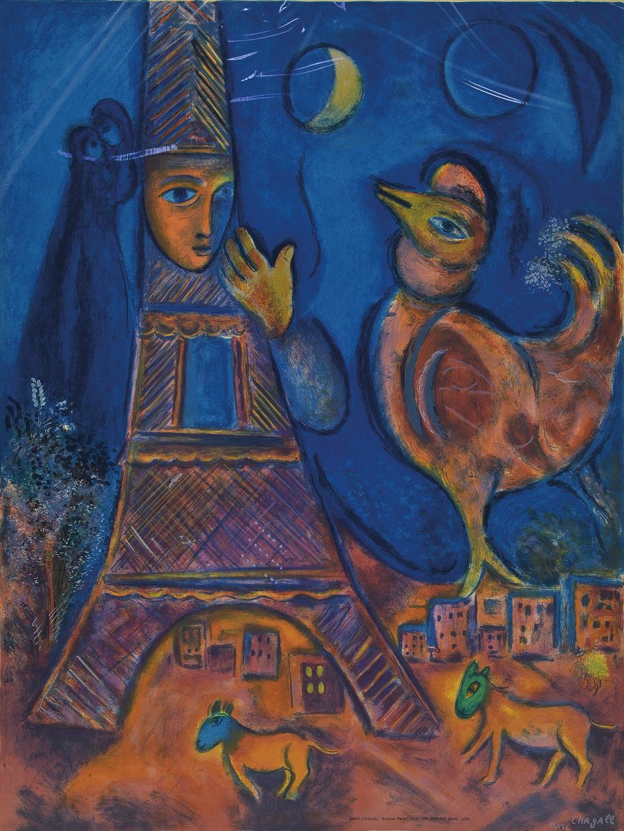 Marc Chagall, 1887-1985, Bonjour Paris, Farblithographie von Charles Sorlier nach einem Gemälde von 1939, ca. 63x47cm, gebräunt