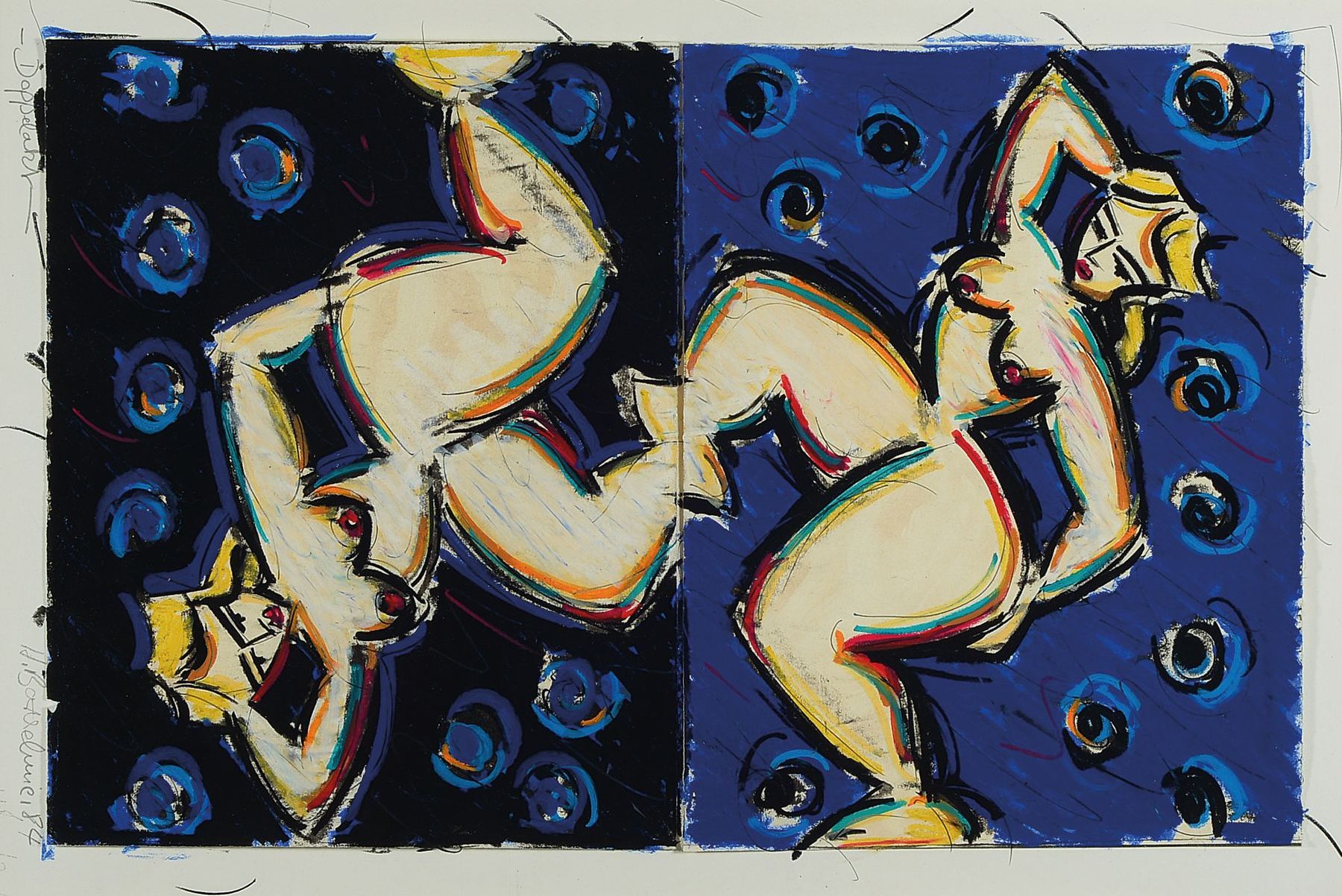 Heide Barthelmie, geb. 1952 Wels/Österreich, Doppelakt, Mischtechnik auf zwei Blättern, auf dem Untersatzblatt signiert und betitelt, ca. 54x34cm, ...