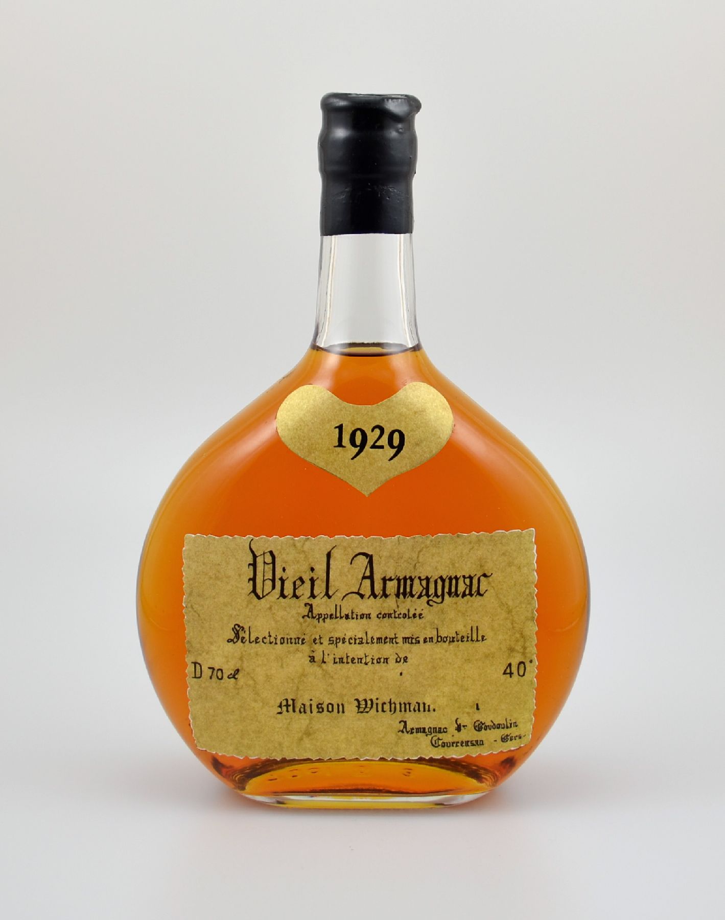 1 Flasche 1929 Vieil Armagnac, Goudoulin, ca. 70 cl, 40 % Vol., Abstand zwischen Kapselwachs und Armagnac: ca. 3 cm, guter Erhaltungszustand, ...