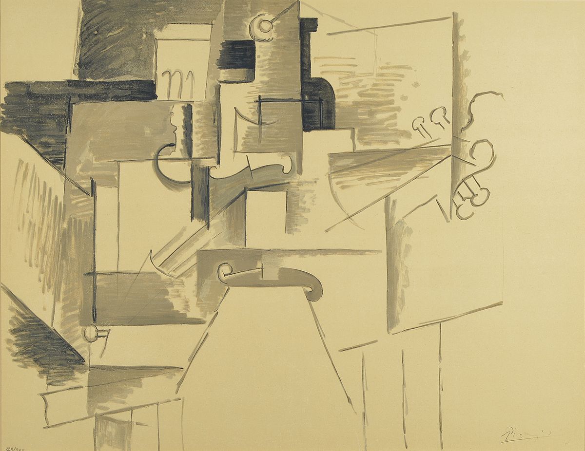 Pablo Picasso, 1881-1973, Violon et bouteille, Lithographie aus der Reihe Papiers calles, num. 229/300, ca. 44x58cm/68x82cm, u.Gl., R.