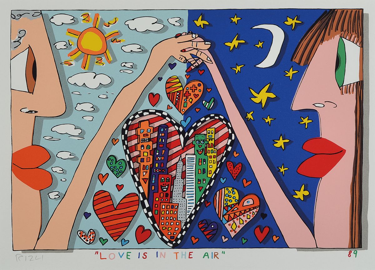 James Rizzi, 1950-2011 New York, Love is in the air, Lithographie von 1989, handsigniert, Passepartout, unter Glas gerahmt, Blattgrösse ca. 40x30cm/ ...