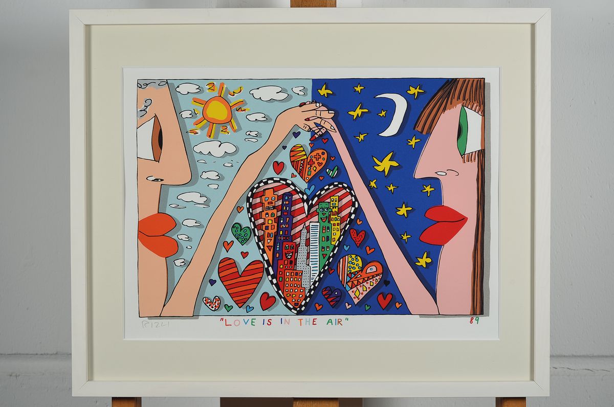 Detail k: James Rizzi, 1950-2011 New York, Love is in the air, Lithographie von 1989, handsigniert, Passepartout, unter Glas gerahmt, Blattgrösse ca. 40x30cm/ ...