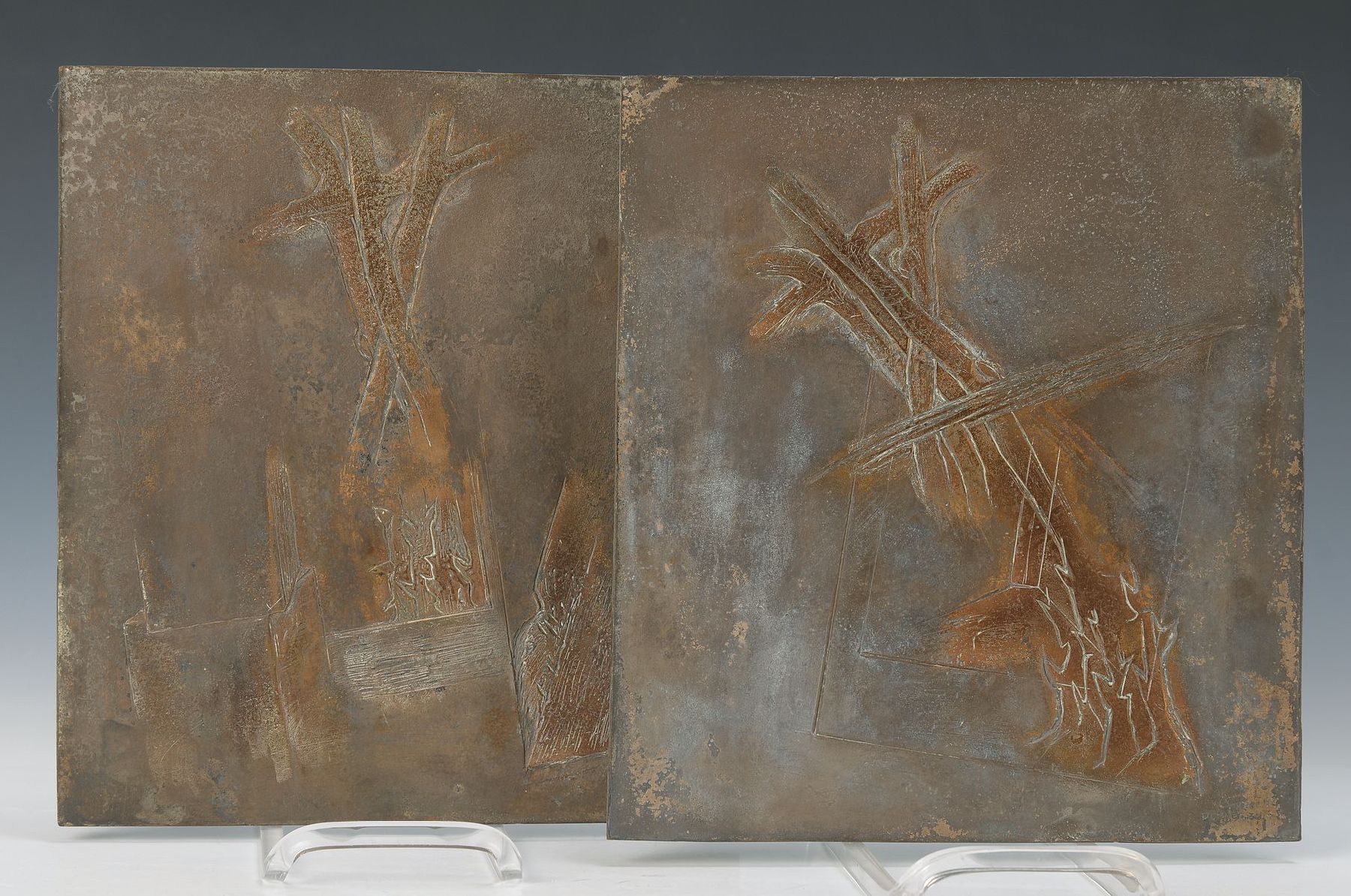 Wolf Spitzer, geb. 1940 Speyer, 2 Bronzeplatten, betitelt Dornenbilder, von 1982, beide signiert, je ca. 29x27cm