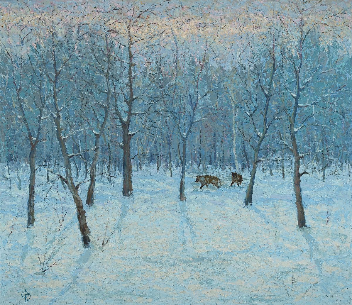Sergej Roschtschin, geb. 1954 Moskau, Der Winterwald, Öl/Lwd, monogrammiert, rückseitig betitelt und signiert, ca. 75x85cm, R.