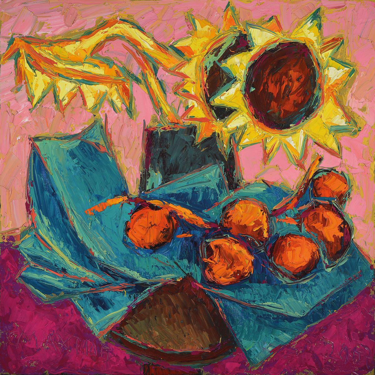Vladimir Smahtin, geb. 1955 Moskau, ansässig in Ludwigshafen am Rhein, hier: Stillleben mit Sonnenblumen und Äpfeln, Öl/Lwd, links unten signiert, ...