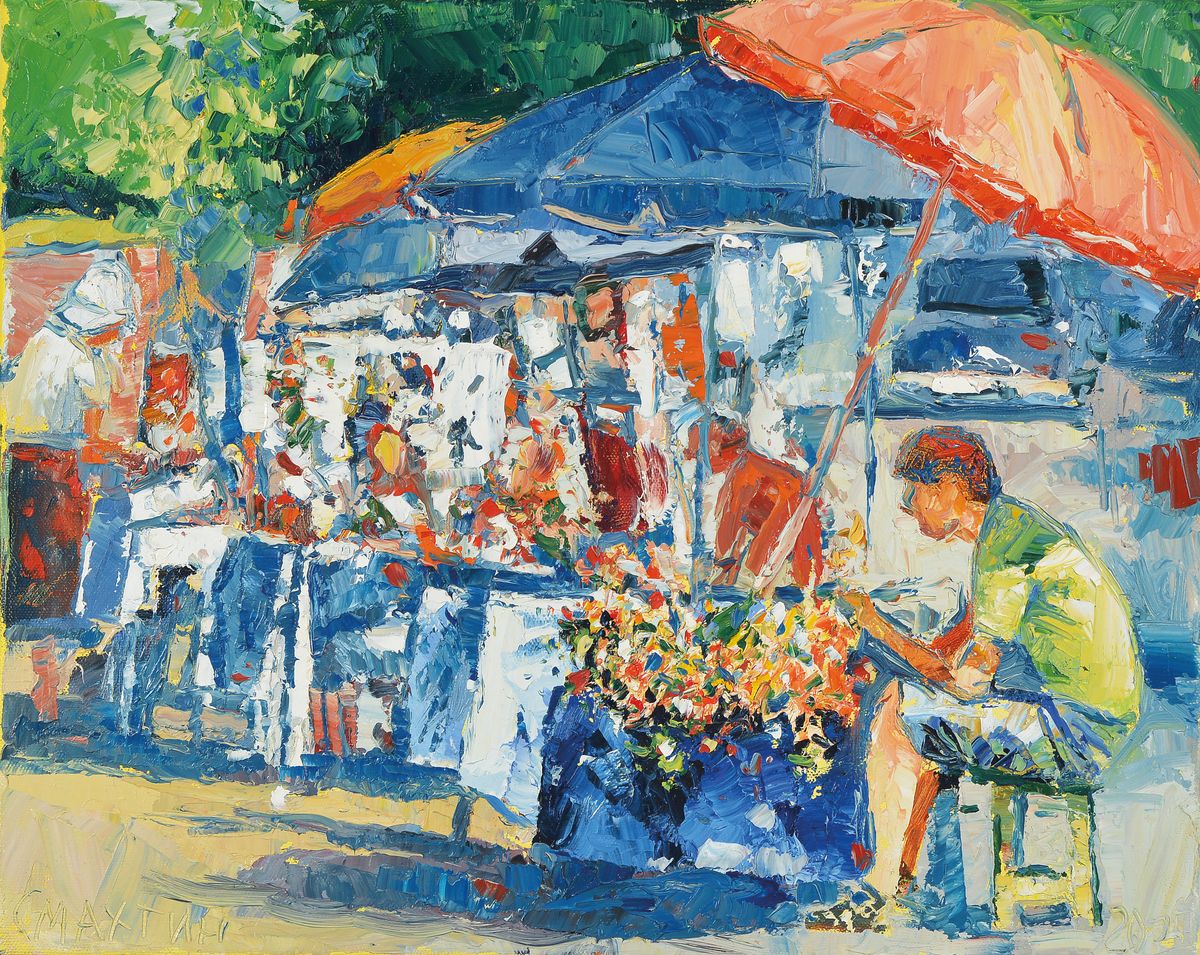 Vladimir Smahtin, geb. 1955 Moskau, ansässig in Ludwigshafen am Rhein, hier: Marktstände, Öl/Lwd, signiert und datiert 2015, ca. 40x50cm