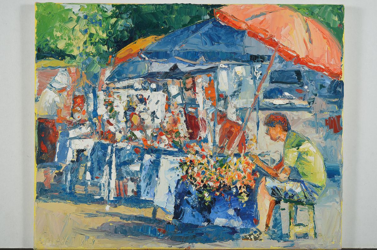 Detail k: Vladimir Smahtin, geb. 1955 Moskau, ansässig in Ludwigshafen am Rhein, hier: Marktstände, Öl/Lwd, signiert und datiert 2015, ca. 40x50cm