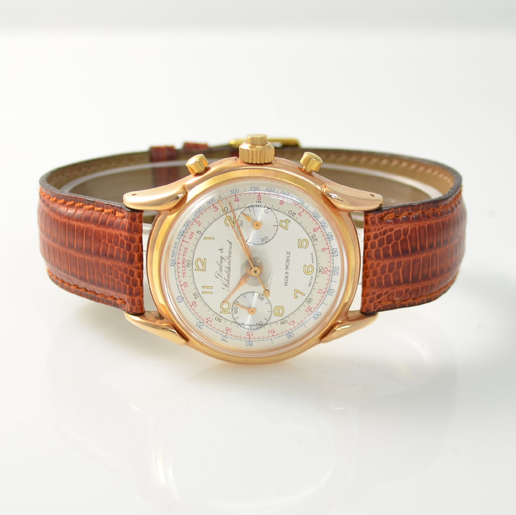 DUBEY & SCHALDENBRAND Chronograph mit Semi- Rattrapante, Schweiz um 1945/1990, Handaufzug, aus Restbeständen montierte Werke von ca. 1945, rotverg. ...