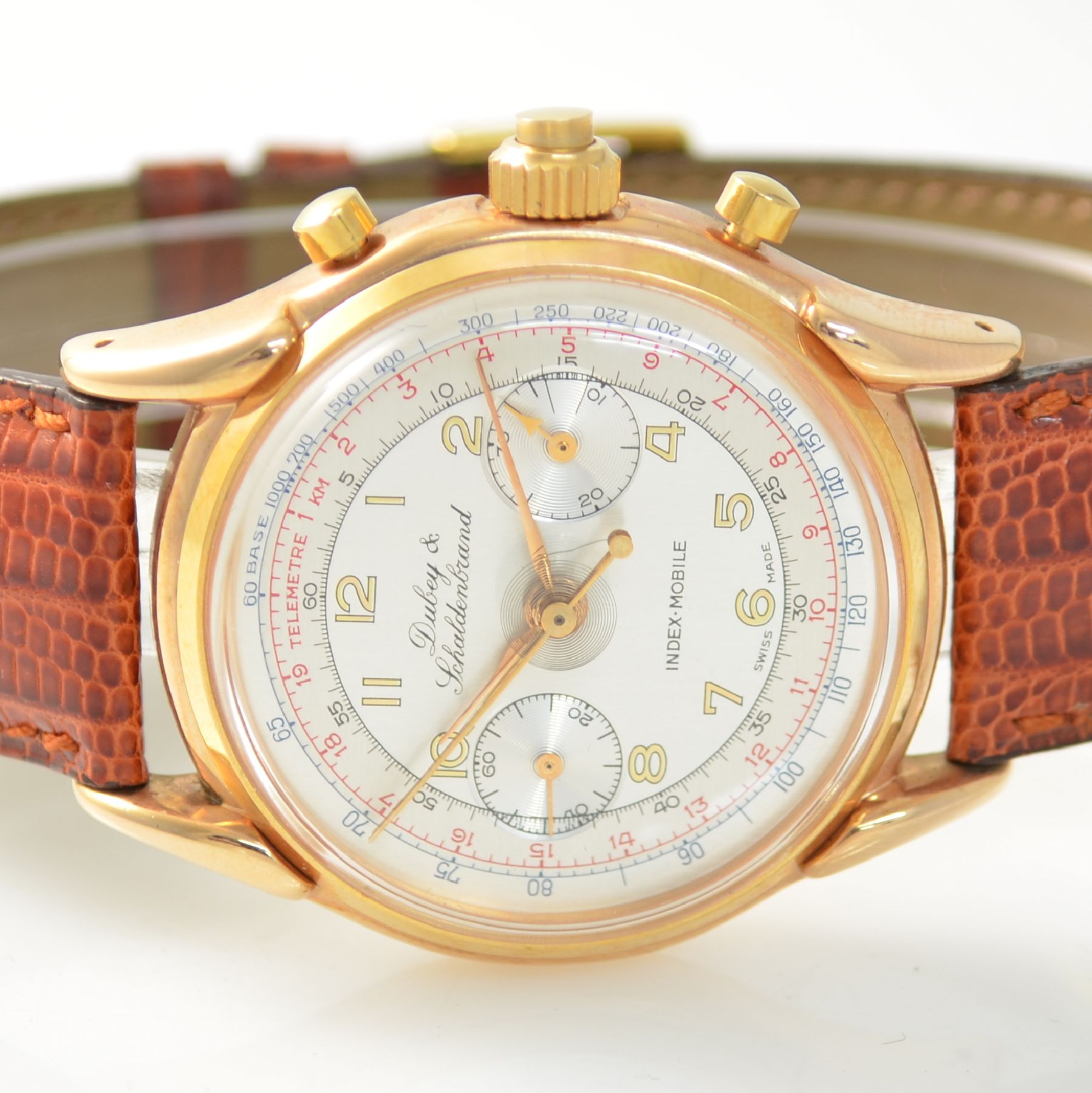 Detail a: DUBEY & SCHALDENBRAND Chronograph mit Semi- Rattrapante, Schweiz um 1945/1990, Handaufzug, aus Restbeständen montierte Werke von ca. 1945, rotverg. ...