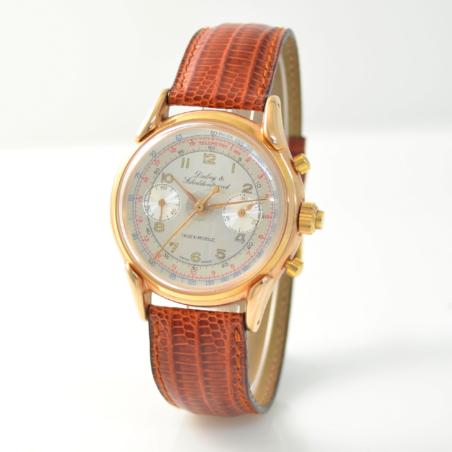 Detail b: DUBEY & SCHALDENBRAND Chronograph mit Semi- Rattrapante, Schweiz um 1945/1990, Handaufzug, aus Restbeständen montierte Werke von ca. 1945, rotverg. ...