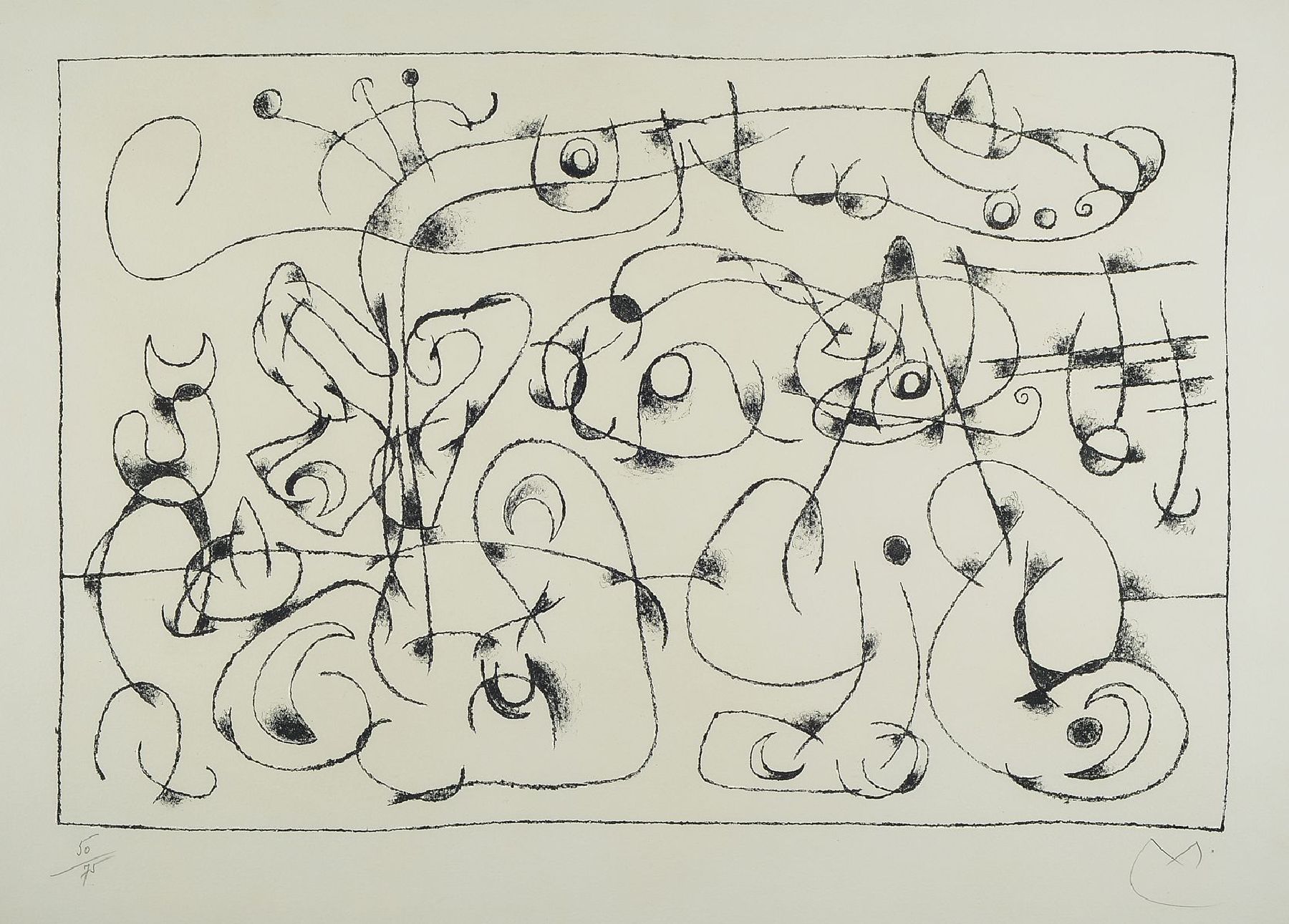Joan Miro, 1893-1983, Lithographie, num. 50/75, handmonogrammiert , von 1966, auf Arches Velin, ca. 76 x 58 cm, unter Glas gerahmt, ca. 92 x 68 cm