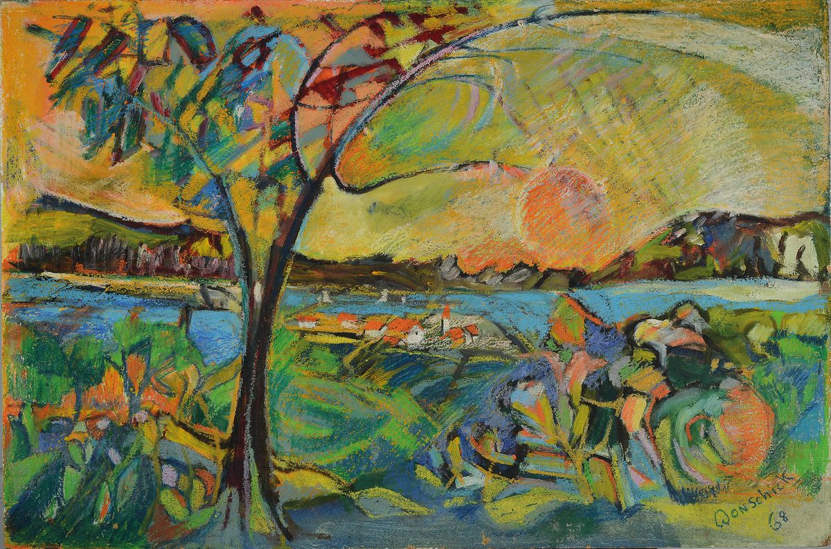 Detail a: Hans Otto Wonschick, datiert 68, farbenfrohe Landschafts Darstellung, Ölkreide/Hartfaserplatte, signiert und datiert, 60 x 90 cm, l. best.