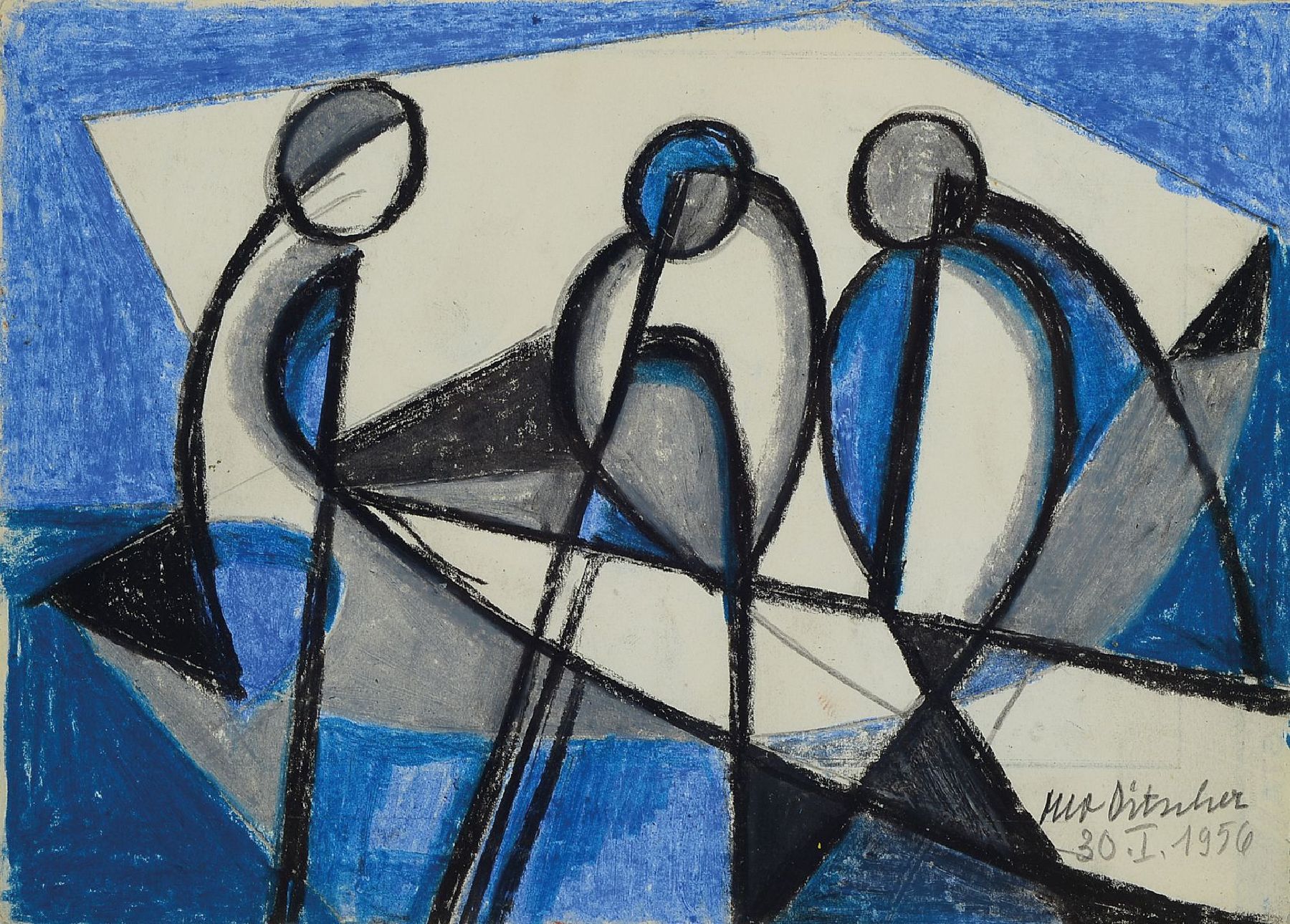 Otto Ditscher, 1903 - 1987, Strand Szene mit Badenden, ischia, 7 August 1957, Kreidezeichnung, signiert und datiert, auf Papier, 16 x 22.5 cm