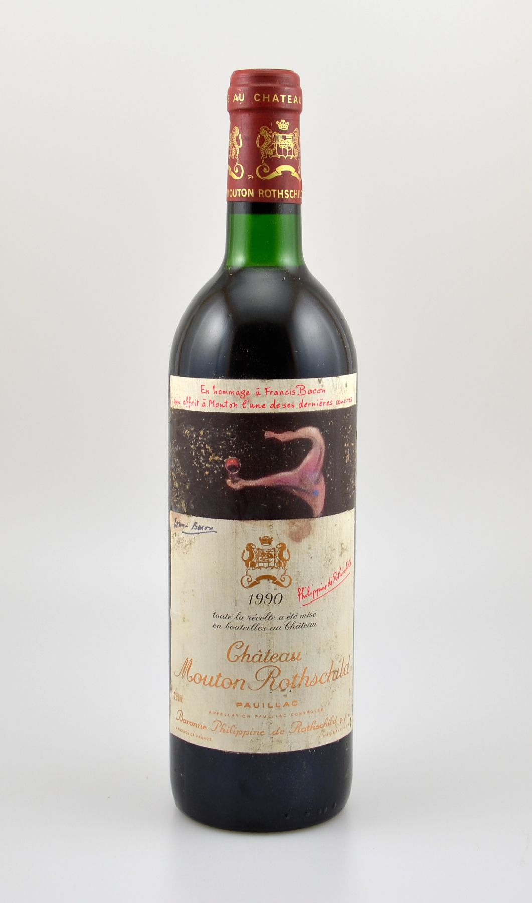 1 Flasche 1990 Chateau Mouton Rothschild, Pauillac, Premier Grand Cru Classe, ca. 75 cl, 12,5 % Vol., Füllstand: ca. top shoulder, Etikett l. ...