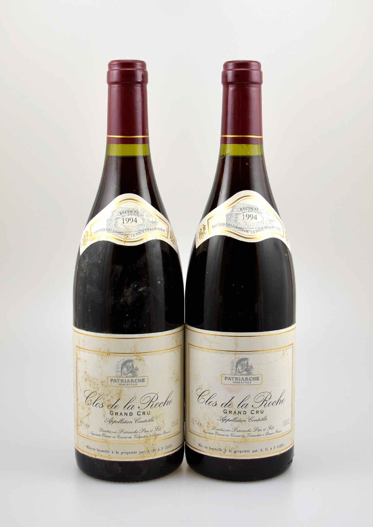 2 Flaschen 1994 Clos de la Roche Grand Cru, Patriarche Pere et Fils, je ca. 75 cl, 13,5 % Vol., Abstand zwischen Kapsel und Wein: ca. 0,5 cm, ...