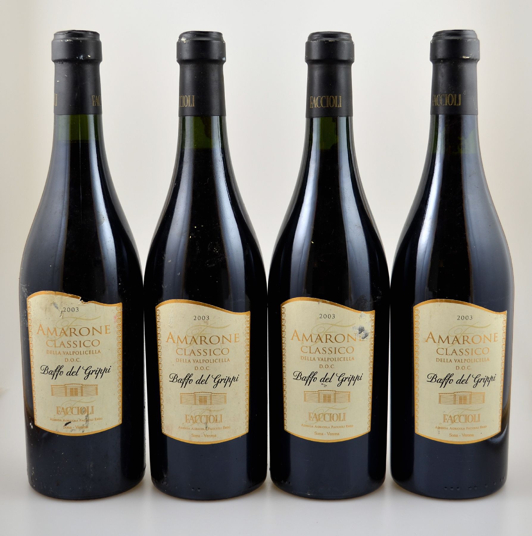 4 Flaschen 2003 Faccioli Enzo Baffo del Grippi Amarone Classico Della Valpolicella, je ca. 75 cl, 16 % Vol., Abstand zwischen Kapsel und Wein: ca. 2 ...