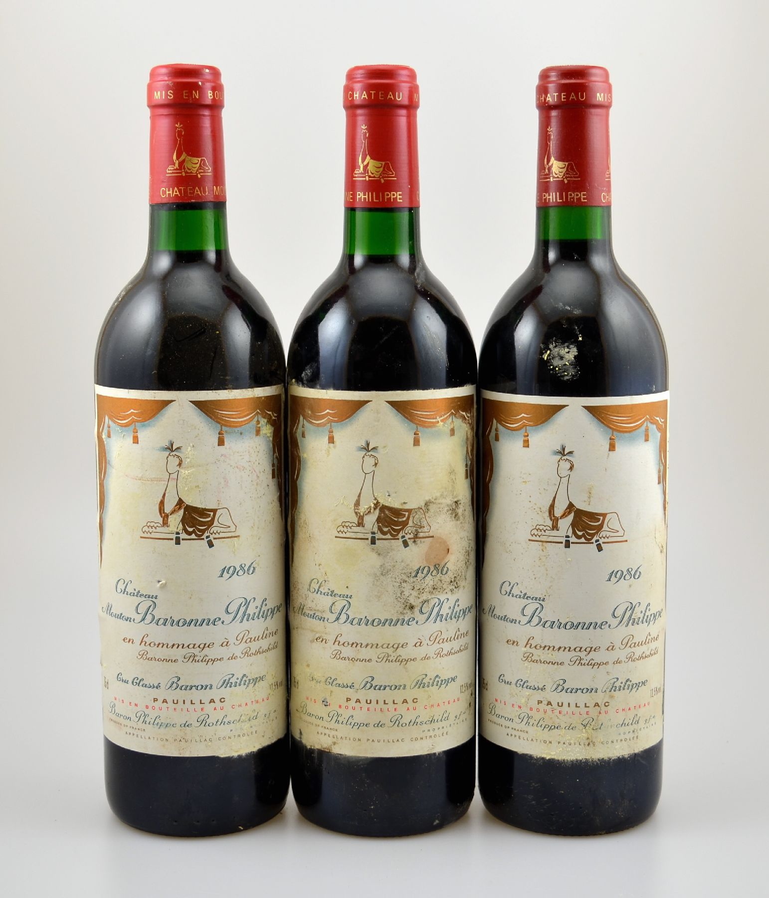 3 Flaschen 1986 Chateau Mouton Baronne Philippe, en hommage a Pauline Baronne Philippe de Rothschild, Pauillac, je ca. 75 cl, 12,5 % Vol., ...