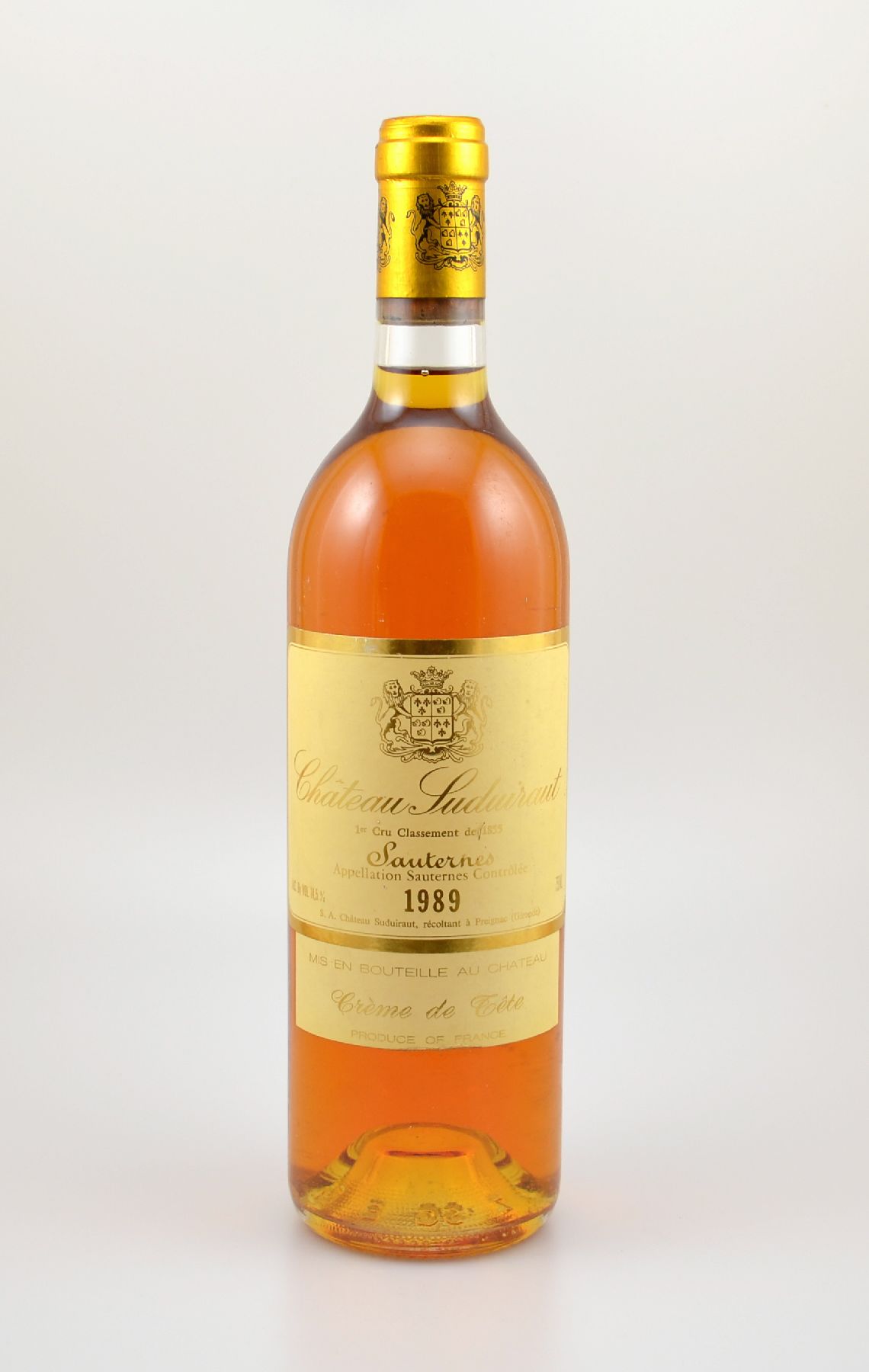 1 Flasche 1989 Chateau Suduiraut, Sauternes, 1er Cru Classe, ca. 75 cl, 14,5 % Vol., Füllstand: ca. into neck, unverkostet