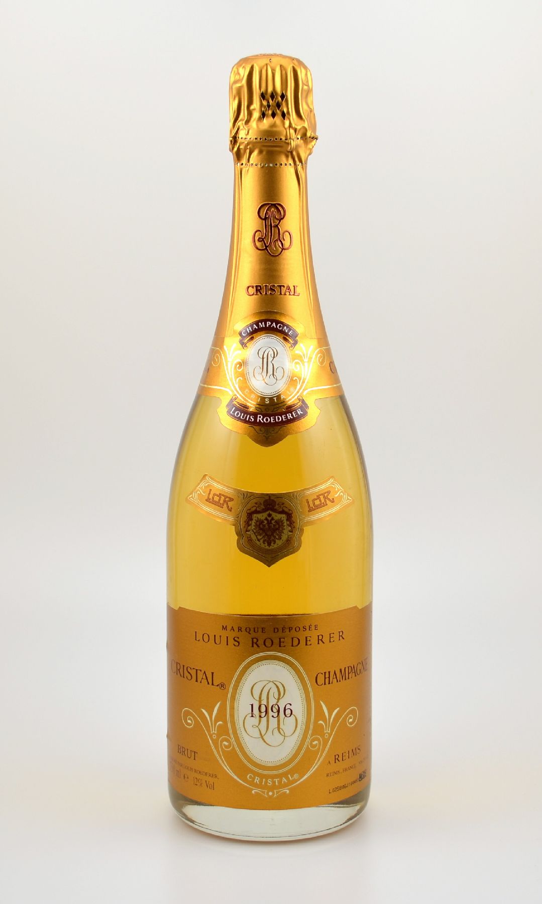 1 Flasche 1996 Louis Roederer Cristal Brut Champagne, ca. 75 cl, 12 % Vol., Abstand zwischen Flaschenboden und Champagner: ca. 1 cm, sehr guter ...