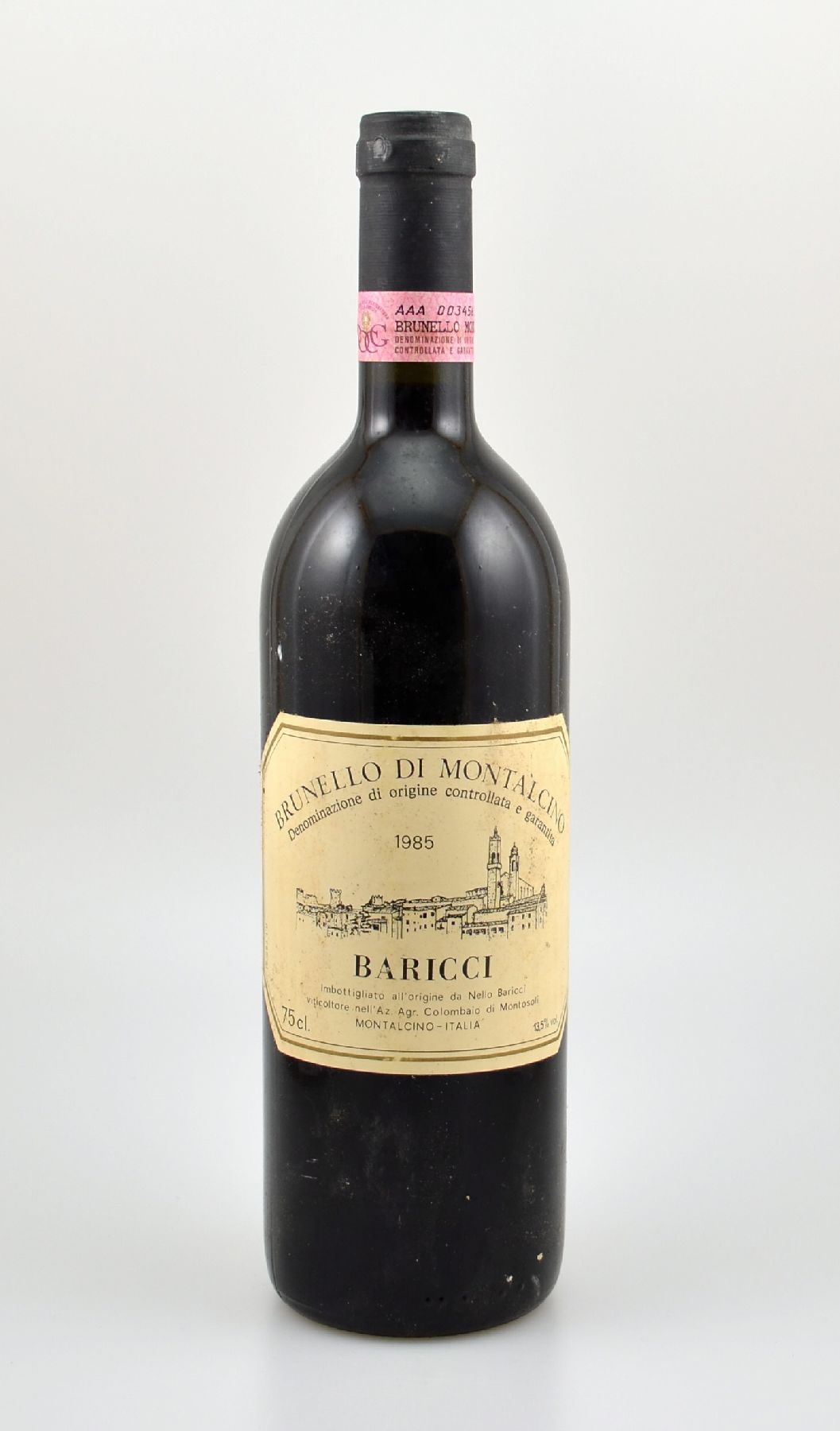 5 Flaschen 1985 Baricci Brunello di Montalcino, je ca. 75 cl, 13,5 % Vol., Füllstände: je ca. into neck, Etiketten z.T. stärker beschmutzt, ...