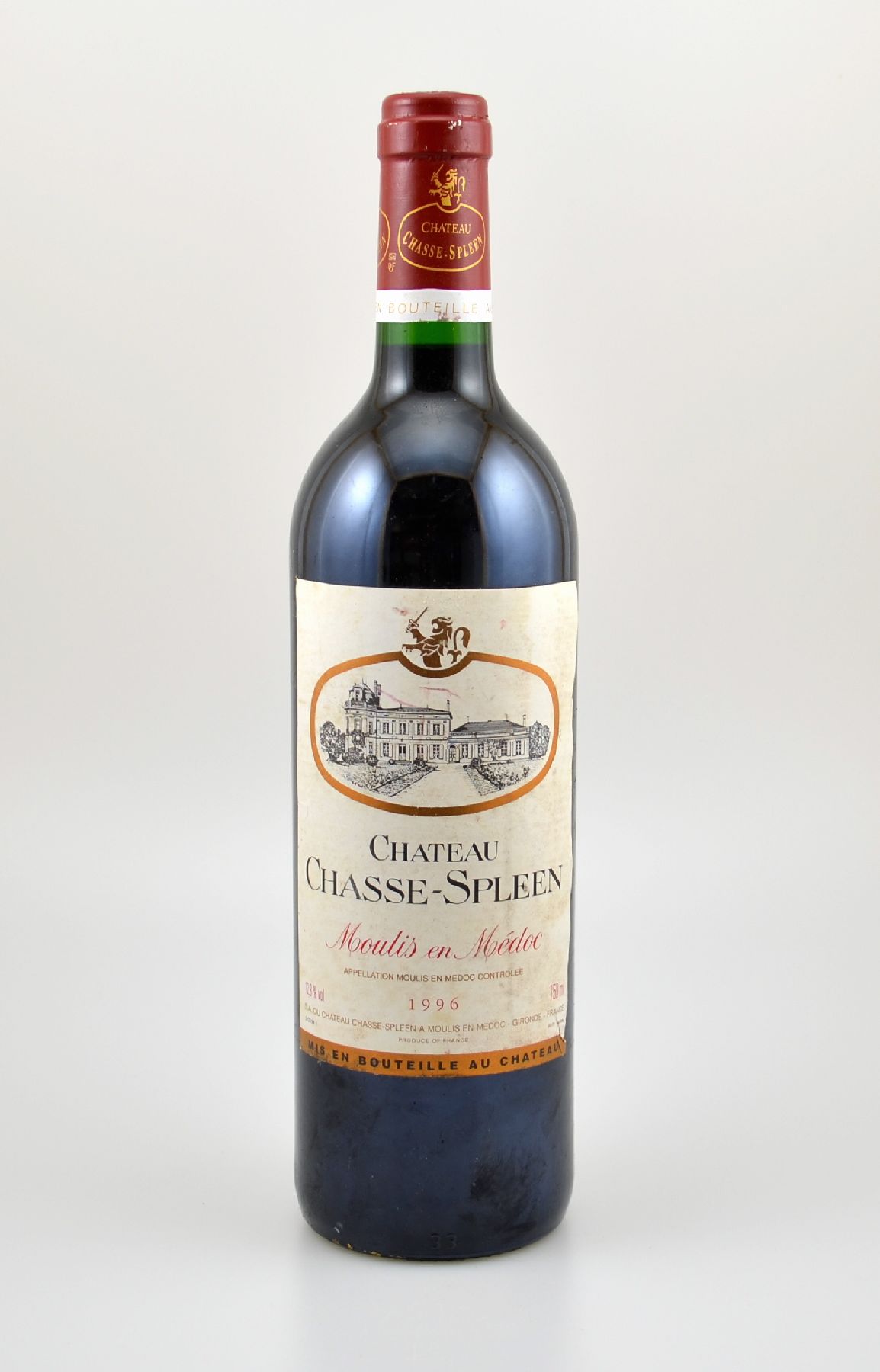 1 Flasche 1996 Chateau Chasse-Spleen, Moulis en Medoc, ca. 75 cl, 12,8 % Vol., Füllstand: ca. into neck, Etikett l. beschmutzt, unverkostet