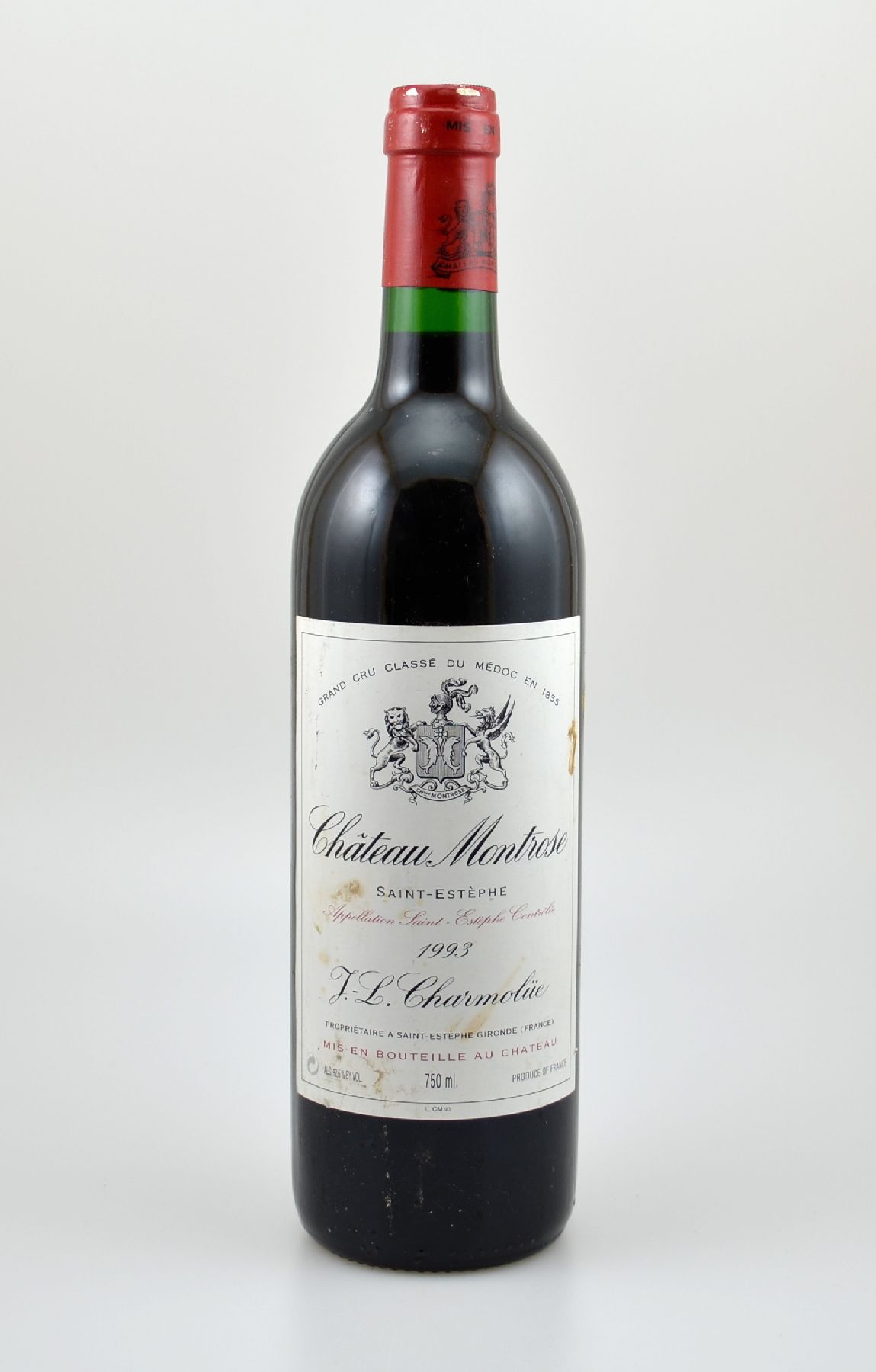 1 Flasche 1993 Chateau Montrose, Saint-Estephe, ca. 75 cl, 12,5 % Vol., Füllstand: into neck, Etikett l. beschmutzt, unverkostet, Provenienz: Aus ...