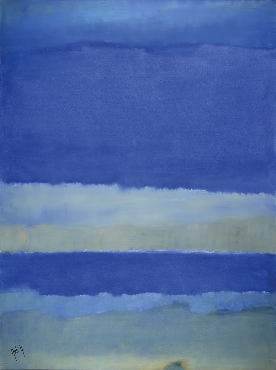 Gaston Gale, zeitgenössischer belgischer Künstler, abstrakte Komposition in Blautönen, Acryl/Lwd, ca. 104x78 cm, Leisten