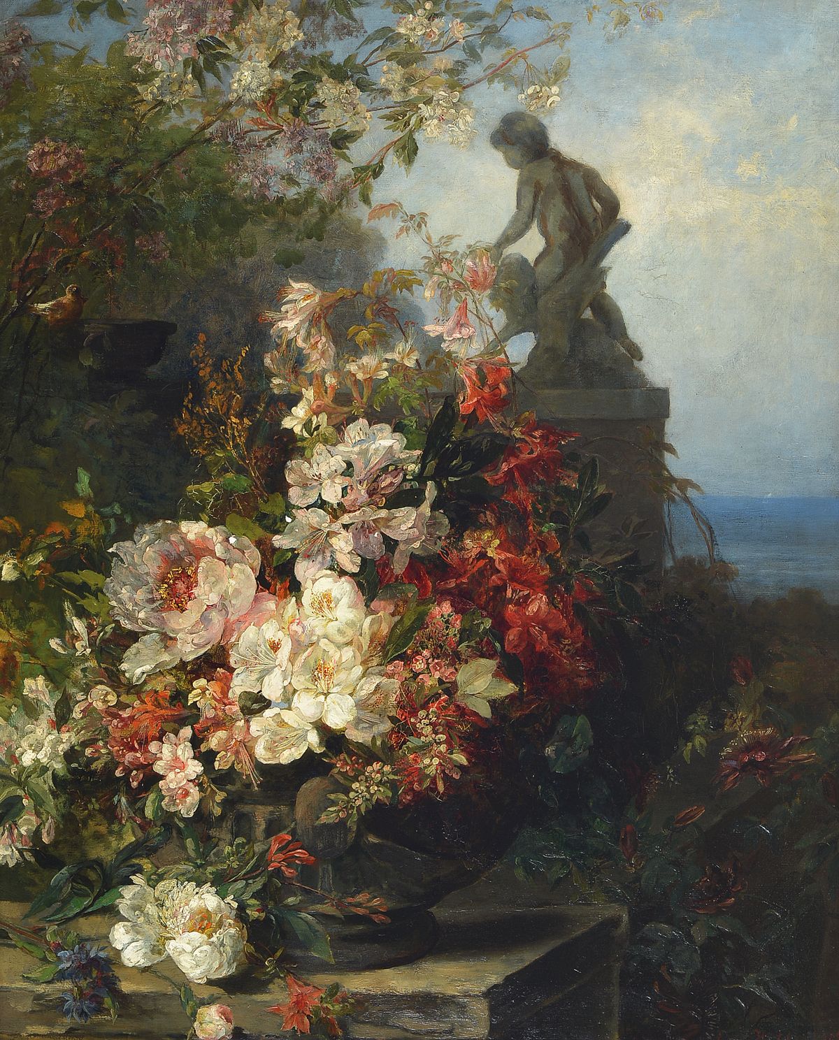 E. Hantelmann, um 1880, Blumenstillleben, im Hintergrund Skulptur, Öl/Lwd, rechts unten signiert und datiert 1880, ca. 75x60cm/89x75cm/ Prunkrahmen