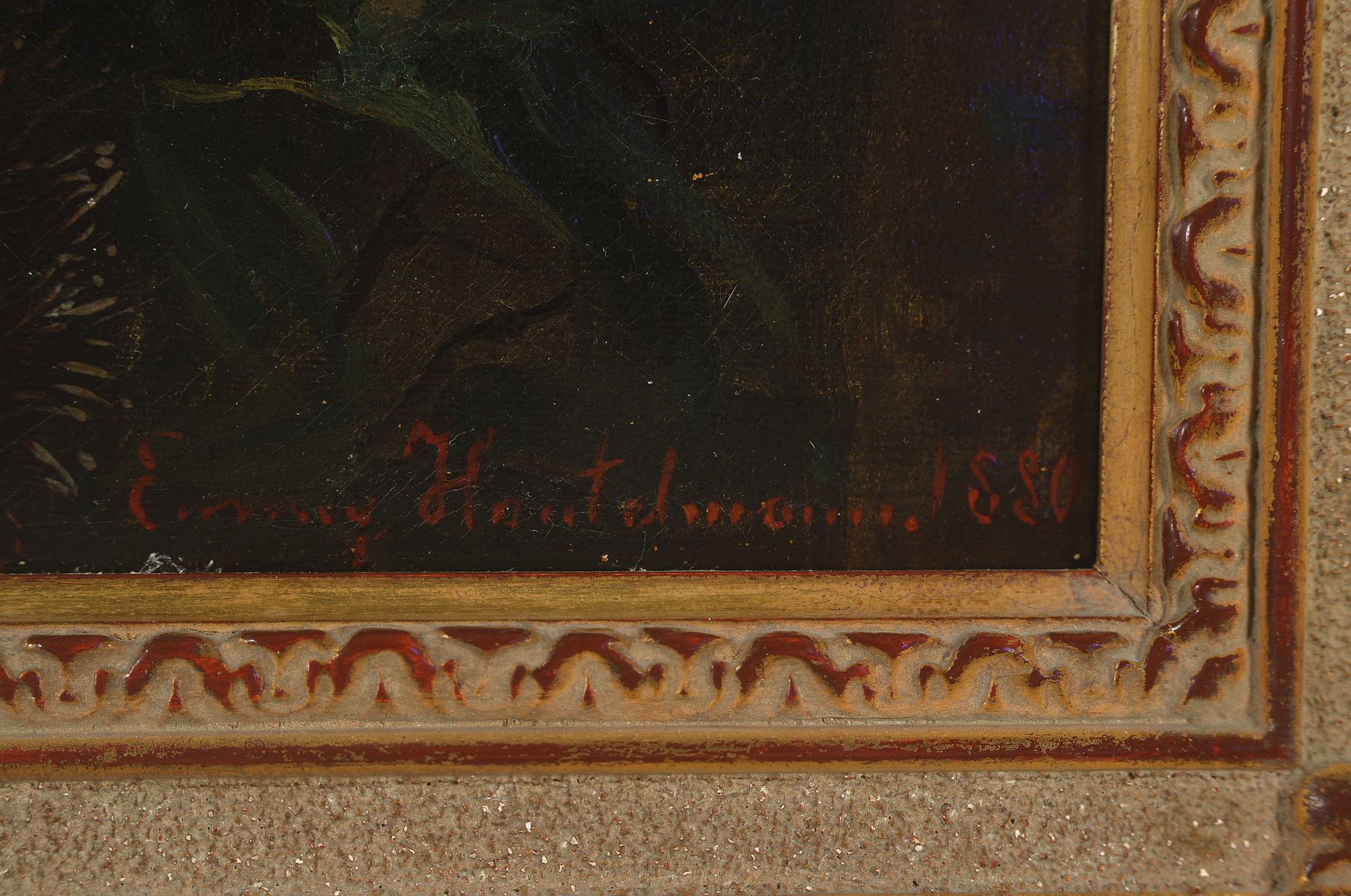 Detail a: E. Hantelmann, um 1880, Blumenstillleben, im Hintergrund Skulptur, Öl/Lwd, rechts unten signiert und datiert 1880, ca. 75x60cm/89x75cm/ Prunkrahmen