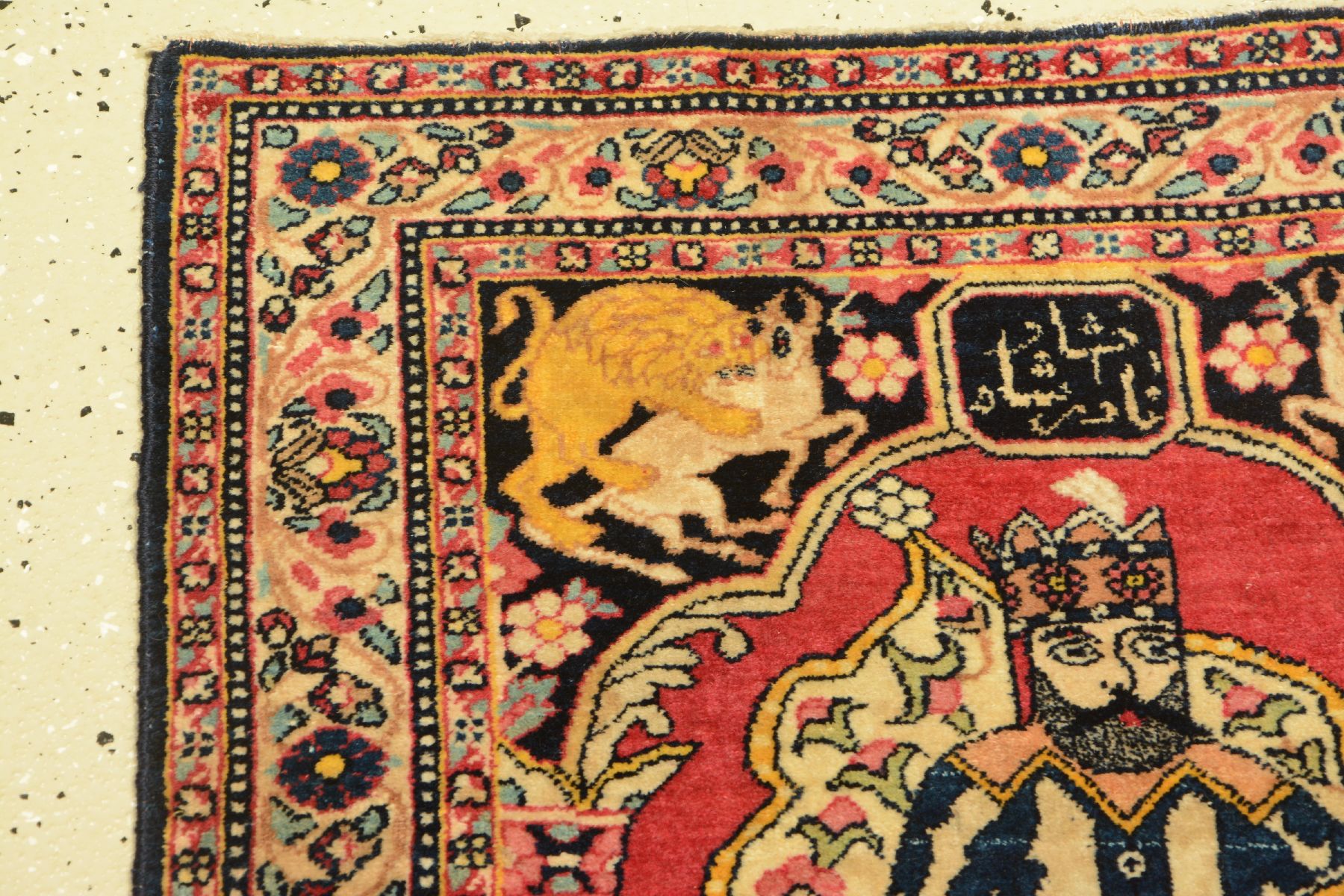 Detail a: Kerman "Lavar" Bildteppich antik (Nader Schah Afshar), Südpersien, um 1900, Wolle geknüpft auf Baumwolle. Darstellung des persischen ...
