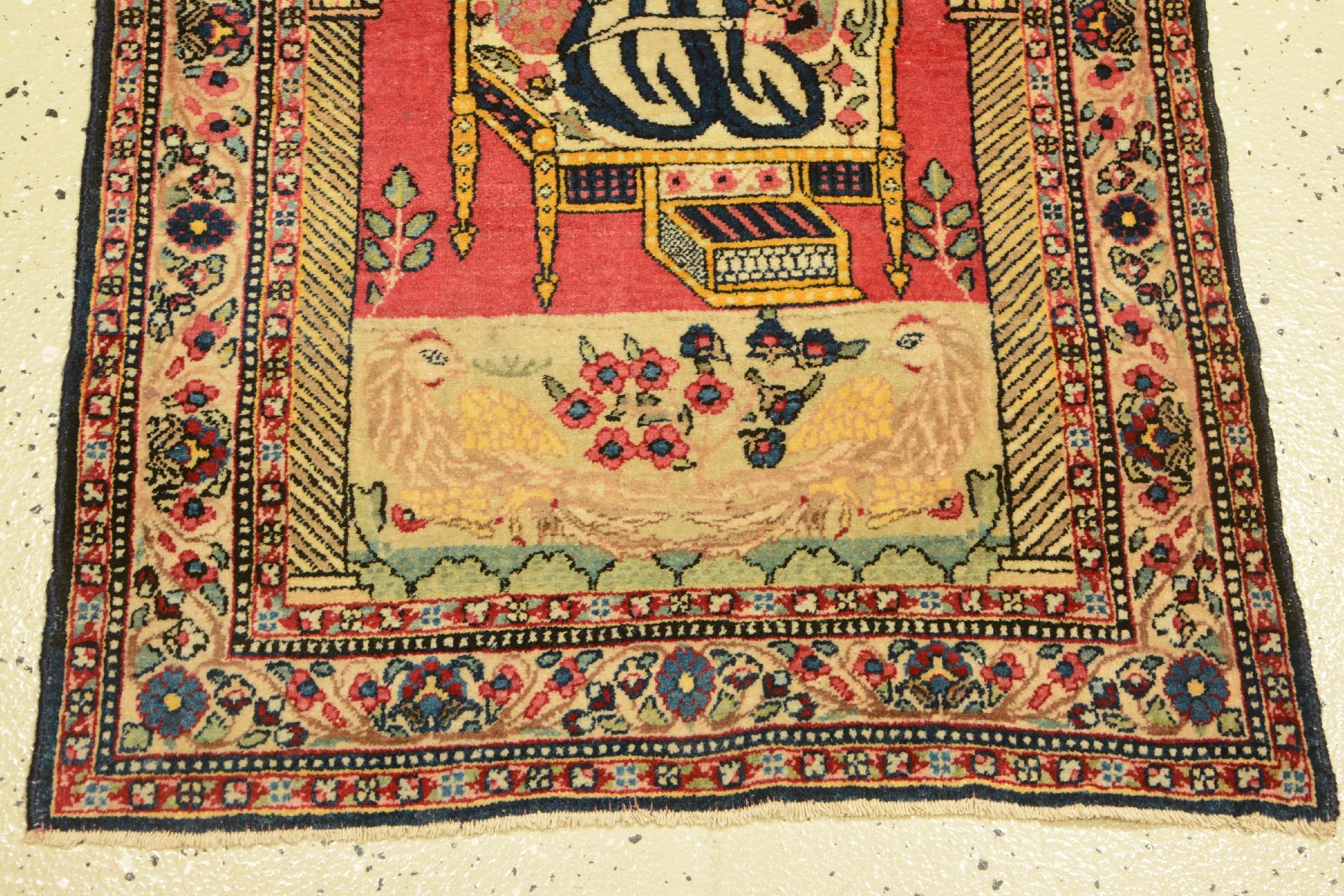 Detail d: Kerman "Lavar" Bildteppich antik (Nader Schah Afshar), Südpersien, um 1900, Wolle geknüpft auf Baumwolle. Darstellung des persischen ...