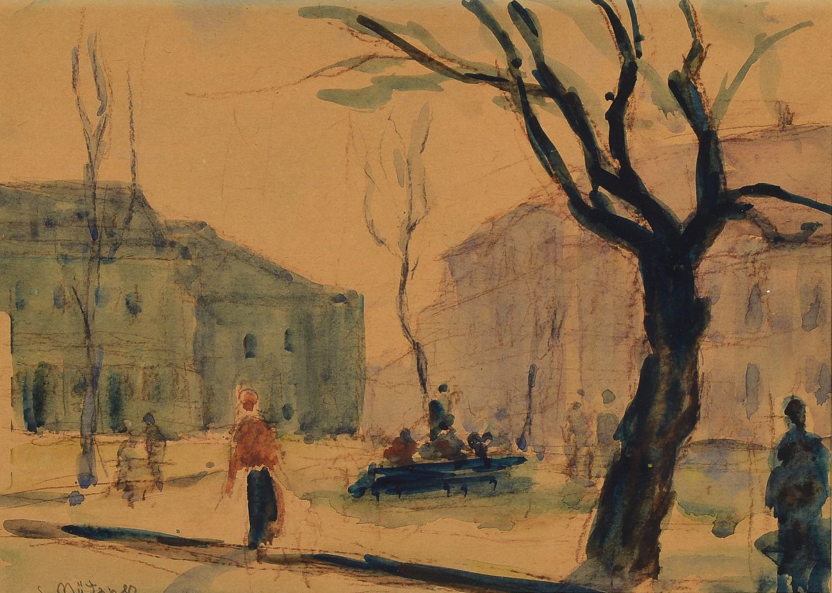Samuel Mützner, 1884 Bukarest - 1959, Aquarell/Papier, Stadtansicht mit Personen, signiert, 21 x 30 cm, unter Glas, Rahmen
