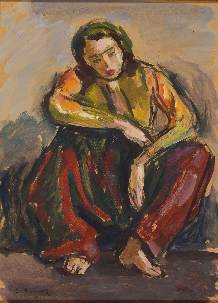 Samuel Mützner, 1884 Bukarest - 1959, hockende Frau, Öl/Papier, signiert, ca. 36 x 26 cm, unter Glas, Rahmen 41 x 31 cm