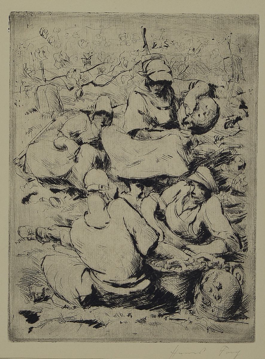 Hanns Fay, 1888-1957, Kaltnadelradierung, "Menschen auf der Wiese", sign., unter Glas gerahmt, Motiv 19,5x15 cm, gesamt 43x33 cm