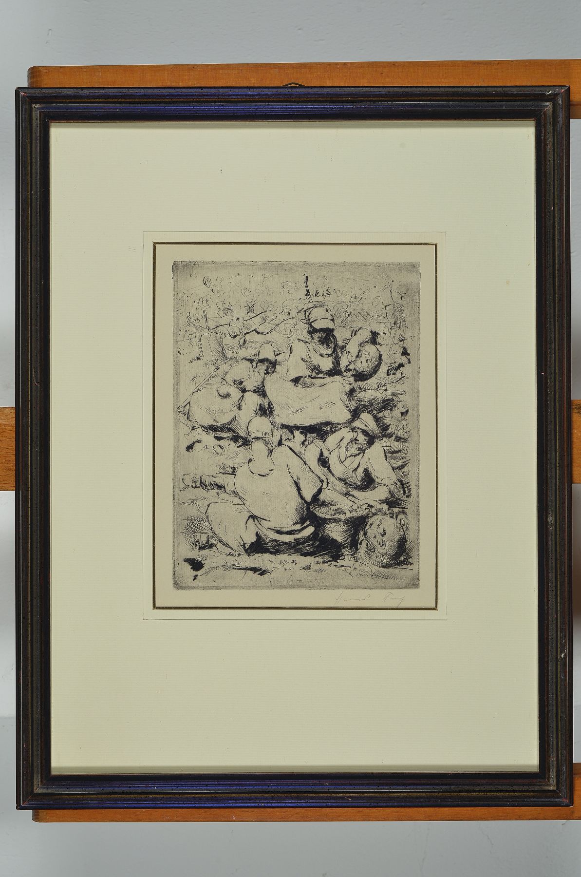 Detail a: Hanns Fay, 1888-1957, Kaltnadelradierung, "Menschen auf der Wiese", sign., unter Glas gerahmt, Motiv 19,5x15 cm, gesamt 43x33 cm