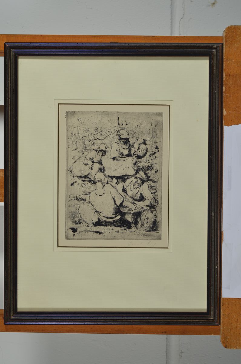 Detail k: Hanns Fay, 1888-1957, Kaltnadelradierung, "Menschen auf der Wiese", sign., unter Glas gerahmt, Motiv 19,5x15 cm, gesamt 43x33 cm