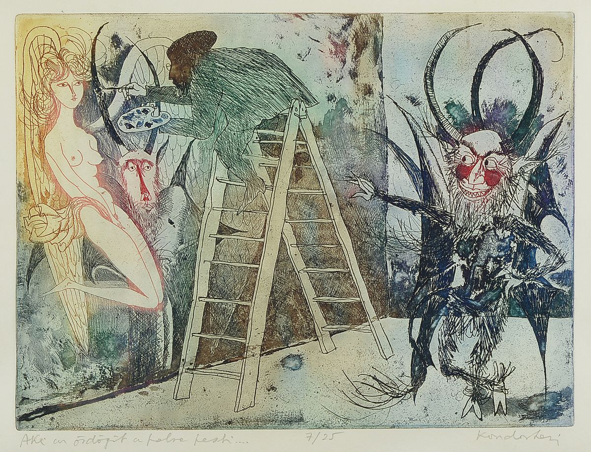Unbekannter Künstler, Farbzeichnung, "Maler mit Akt", unleserlich sign., num. 7/25, Motiv ca. 30x39 cm, gesamt ca. 60x67 cm