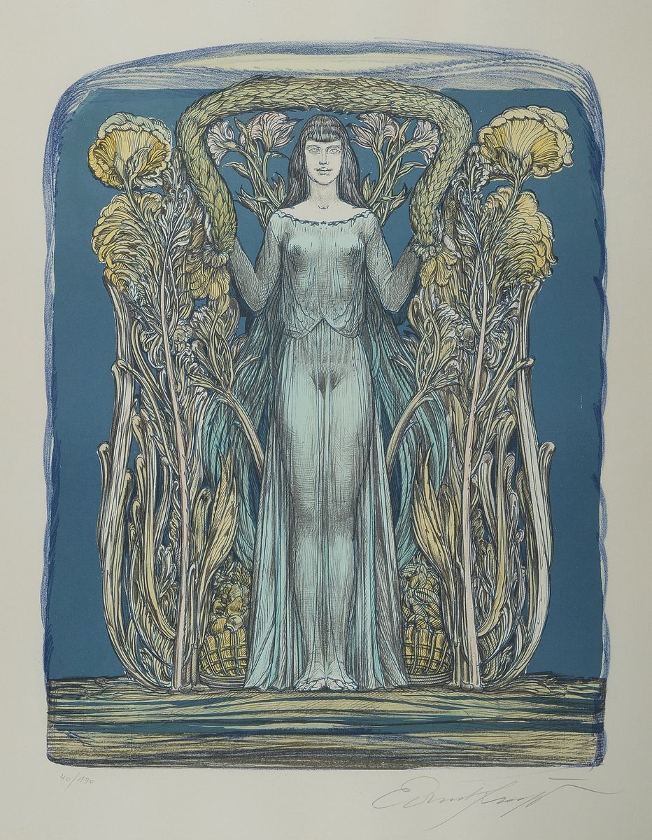 Ernst Fuchs, 1930-2015, Aquarell, "Jugendstildame", sign., num. 40/190 gesamt ca. 68x53 cm, unter Glas gerahmt