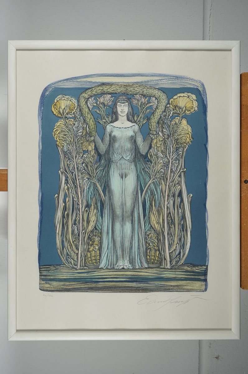 Detail k: Ernst Fuchs, 1930-2015, Aquarell, "Jugendstildame", sign., num. 40/190 gesamt ca. 68x53 cm, unter Glas gerahmt