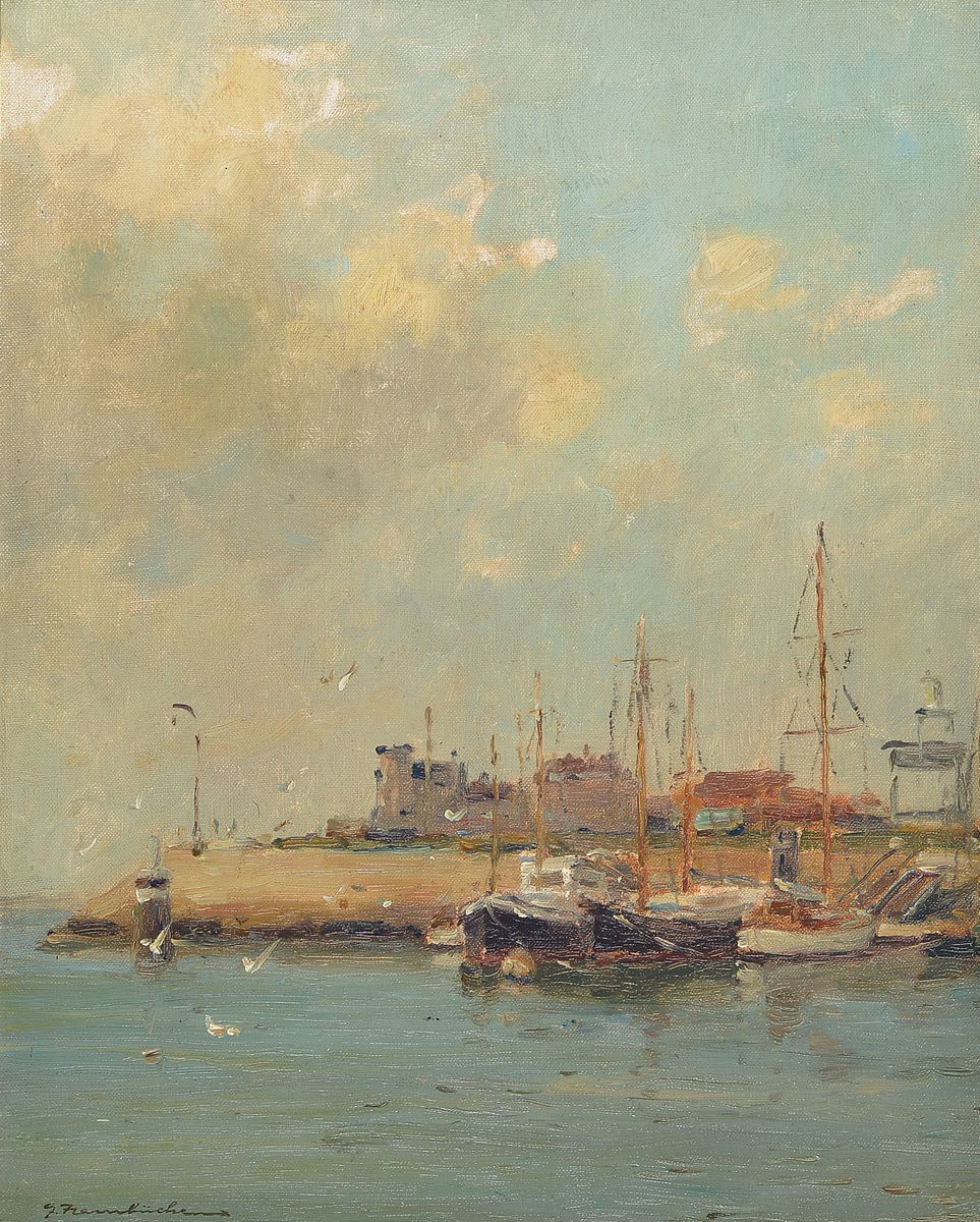 Georg Hambüchen, Hafenansicht mit Motor- und Segeljachten, feine impressionistische Malerei, li.u. signiert, verso auf dem Keilrahmen bezeichnet, ...