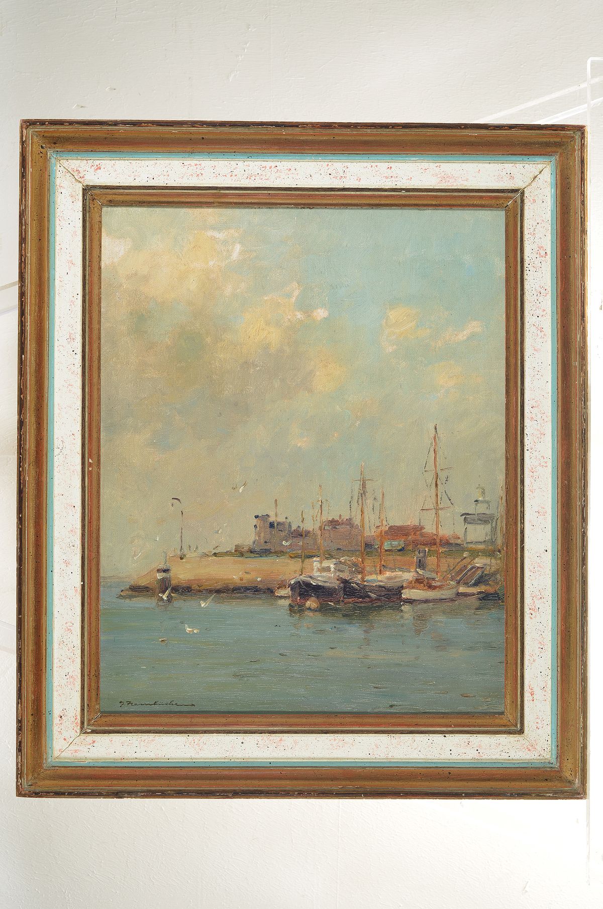 Detail k: Georg Hambüchen, Hafenansicht mit Motor- und Segeljachten, feine impressionistische Malerei, li.u. signiert, verso auf dem Keilrahmen bezeichnet, ...