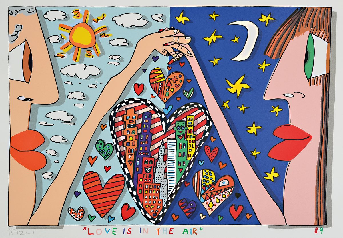 James Rizzi, 1950-2011, Love is in the Air, Lithografie, sign., dat.89, Motiv 34x46 cm , l. beschädigt.
