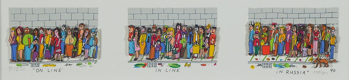 James Rizzi, 1950-2011, On Line, In Line, in Russia, dreidimensionale Farbserigraphie von 1990, handsigniert, num. 129/350, unter Glas gerahmt, ...