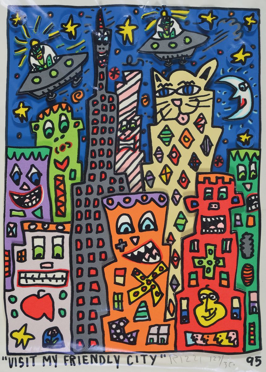 James Rizzi, 1950-2011, Visit my friendly city, dreidimensionaler Farbsiebdruck von 1995, handsigniert und num. 127/350, noch nie gerahmt, mint ...