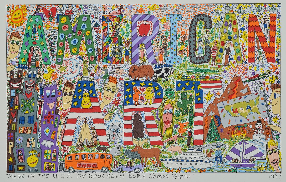 James Rizzi, 1950-2011, Made in the U.S.A. by Brooklyn Born James Rizzi, Farbserigraphie von 1997, Motiv ca. 19,5x31,5, gesamt ca. 27,5x39,5 cm