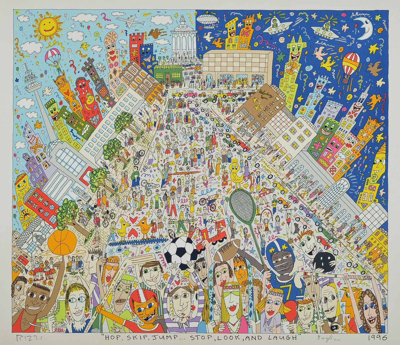 James Rizzi, 1950-2011, Hop, Skip, Jump, Stop Look an Laugh, Farblithographie von 1996,handsigniert, num. 300/600, ca. 43x47cm, PP