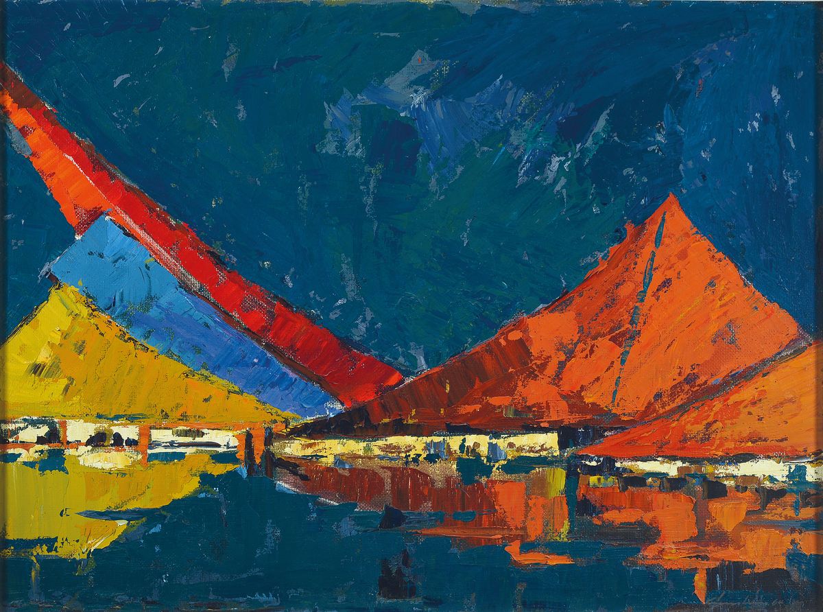 Fredy Künstner, datiert (19)64, "Expo", Acryl auf Holz, rechts unten signiert und datiert, rückseitig betitelt, ca. 52x70cm