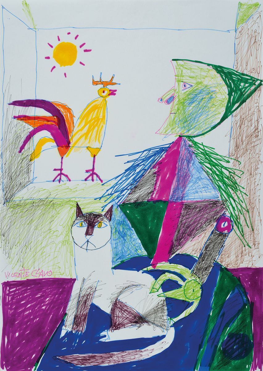 Vincente Clavo Gil, 1923 Madrid - 1992, Mischtechnik, Filzstift, Fineliner etc., figürliche Darstellung mit einer abstr. geom. Person, Hahn und ...
