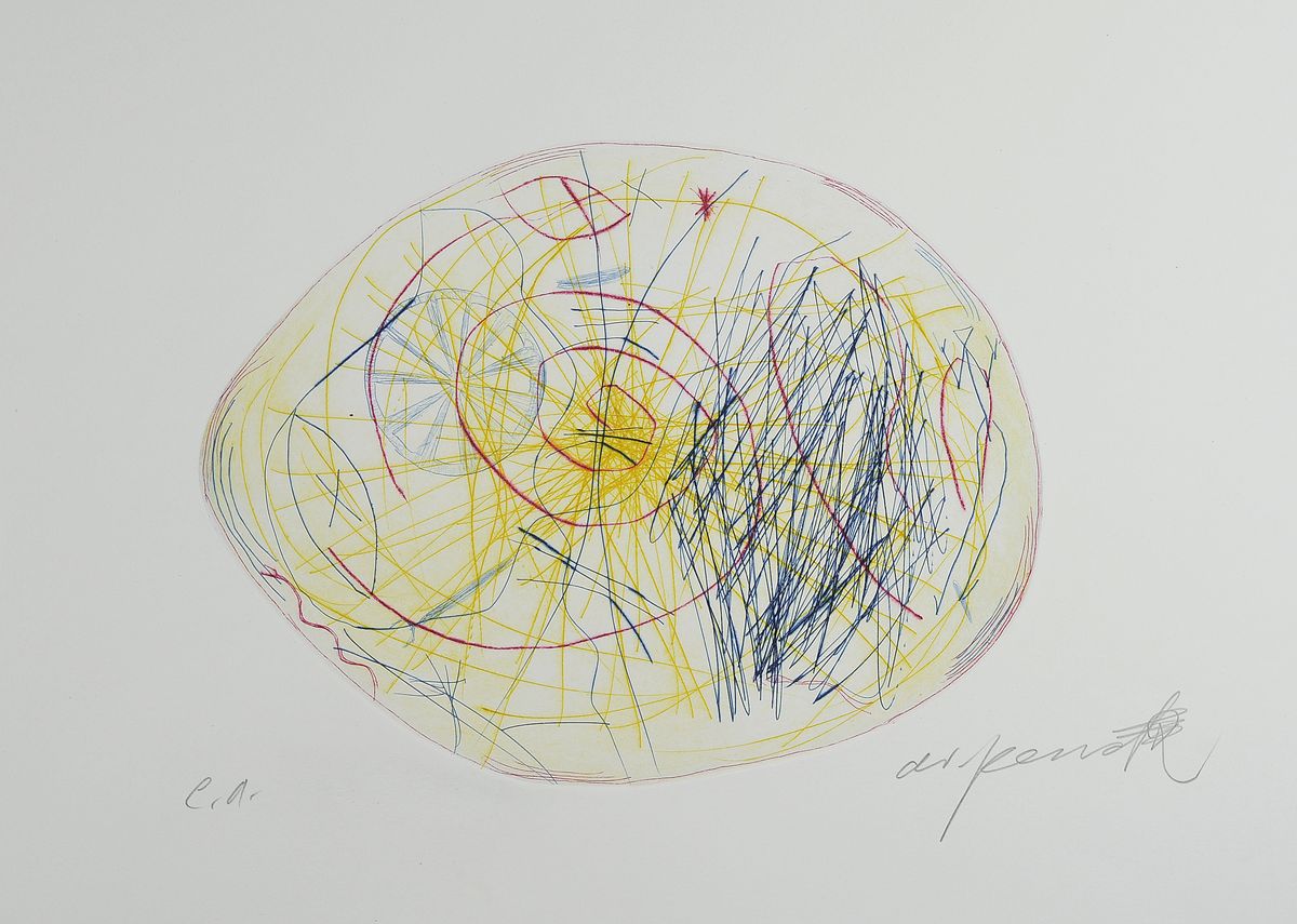 A.R. Penck, 1939 - 2016, Farbradierung, aus dem Projekt Centro Spirituale, Himmlischer Stürzer, auf Büttenpapier, handsigniert, bez. e.a., ...